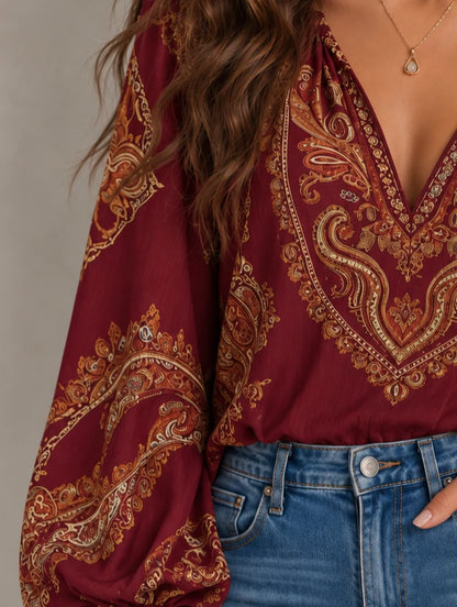 Paisley Print Deep-V Lantern Sleeve Blouse