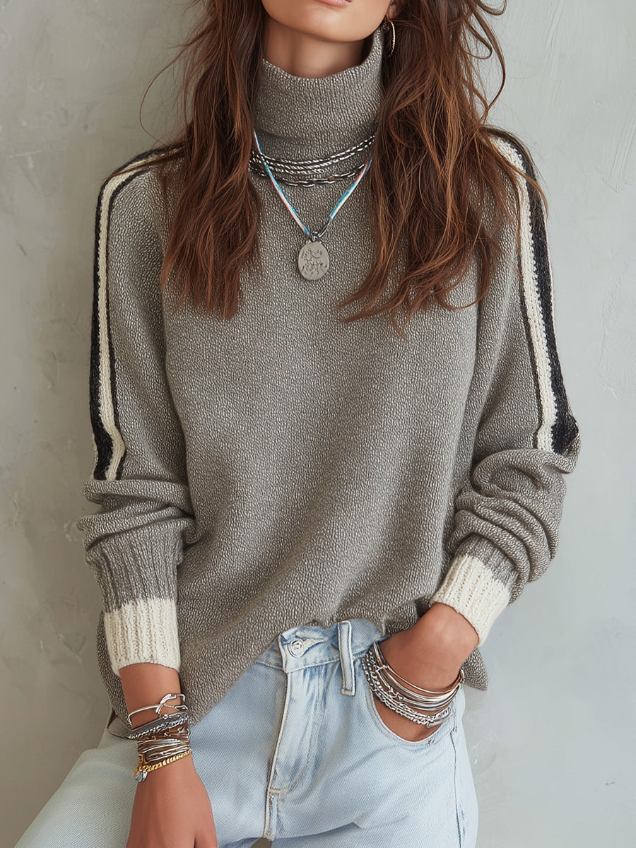 Vintage Contrast Striped Sleeves And Ribbed Cuffs Turtleneck Pullover Sweater