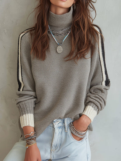 Vintage Contrast Striped Sleeves And Ribbed Cuffs Turtleneck Pullover Sweater