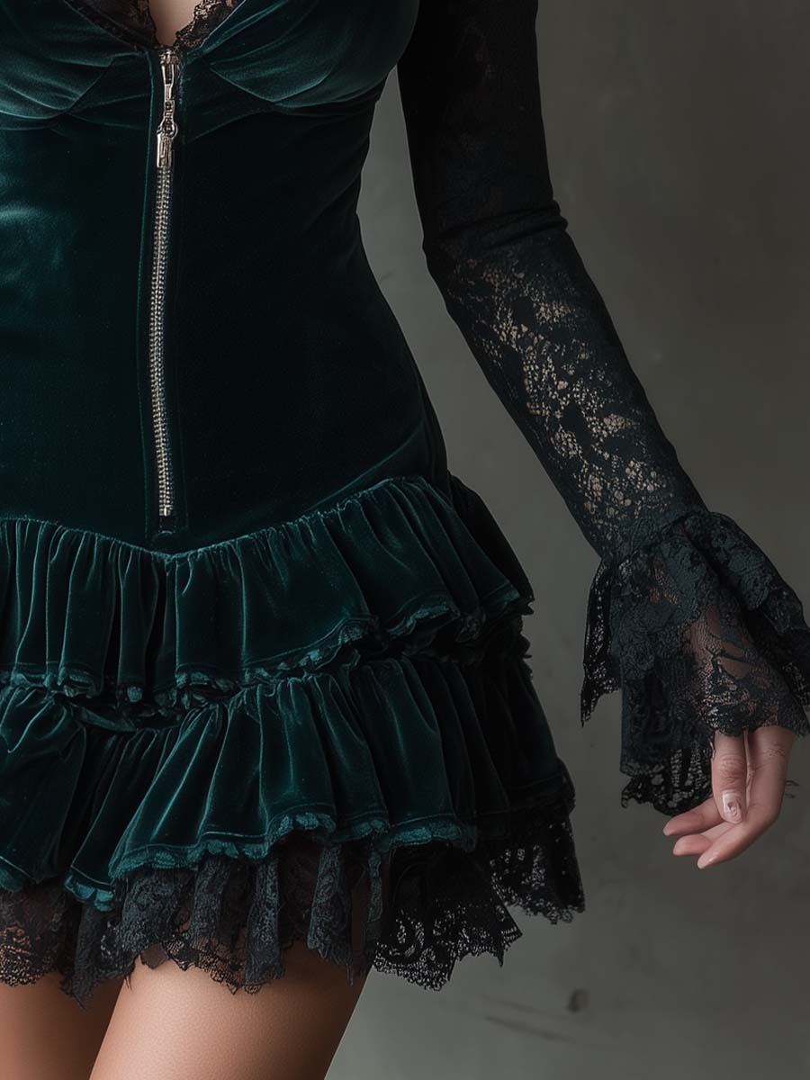 Emerald Velvet Mini Dress With Lace Sleeves