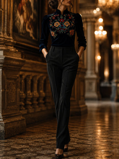 Elegant Stand Collar Embroidery Velvet Long Sleeves Top