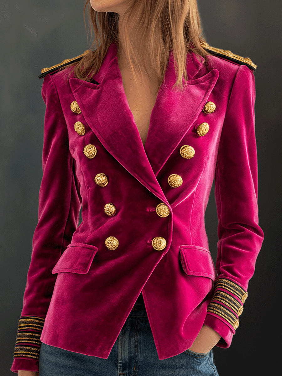 Bohemian Luxe Double-Breasted Velvet Deep Fuchsia Jacket