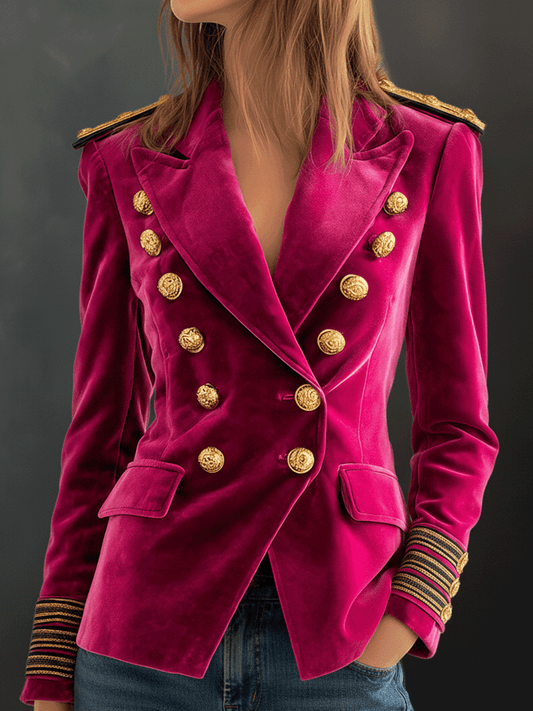 Bohemian Luxe Double-Breasted Velvet Deep Fuchsia Jacket