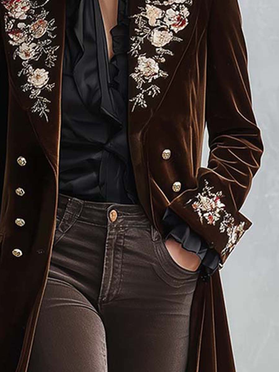 Chocolate Velvet Embroidered Long Coat With Gold Buttons