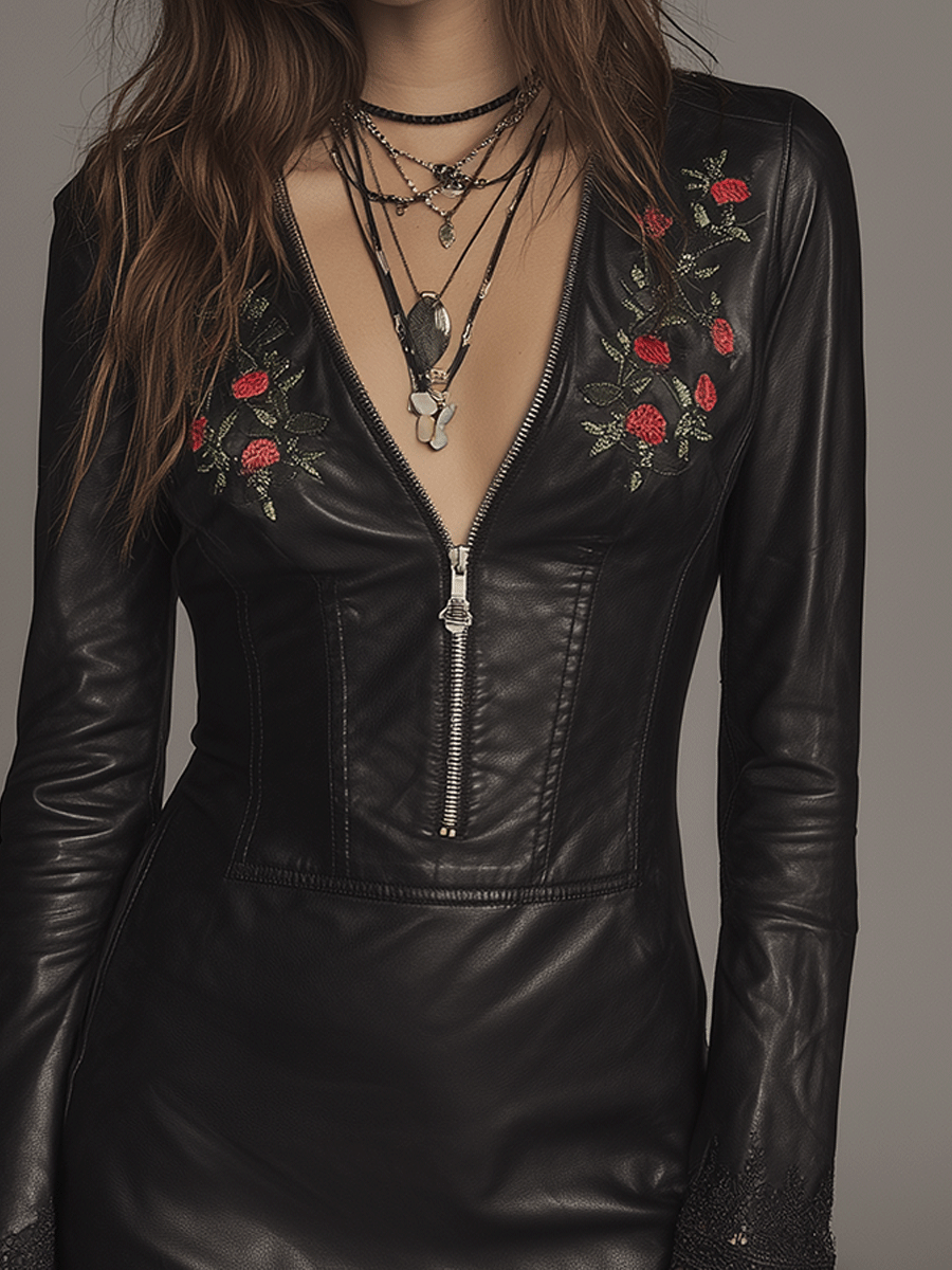 Elegant Black Faux Leather With Red Rose Embroidery And Lace Trim Mini Dress