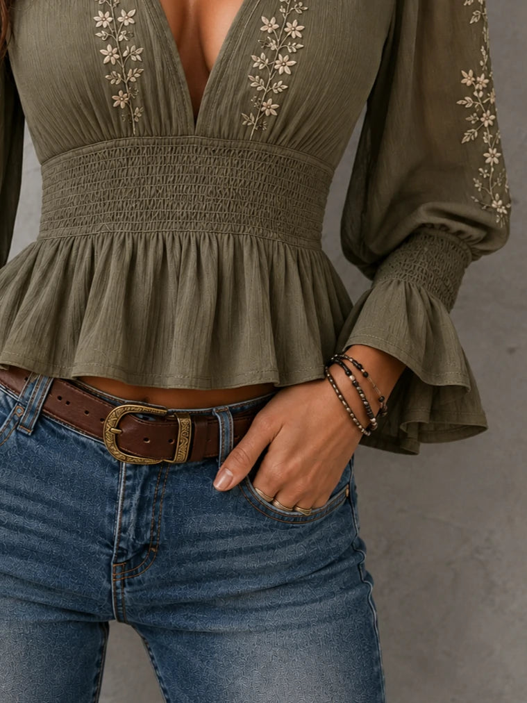 Embroidered Deep V Smocked Peplum Blouse
