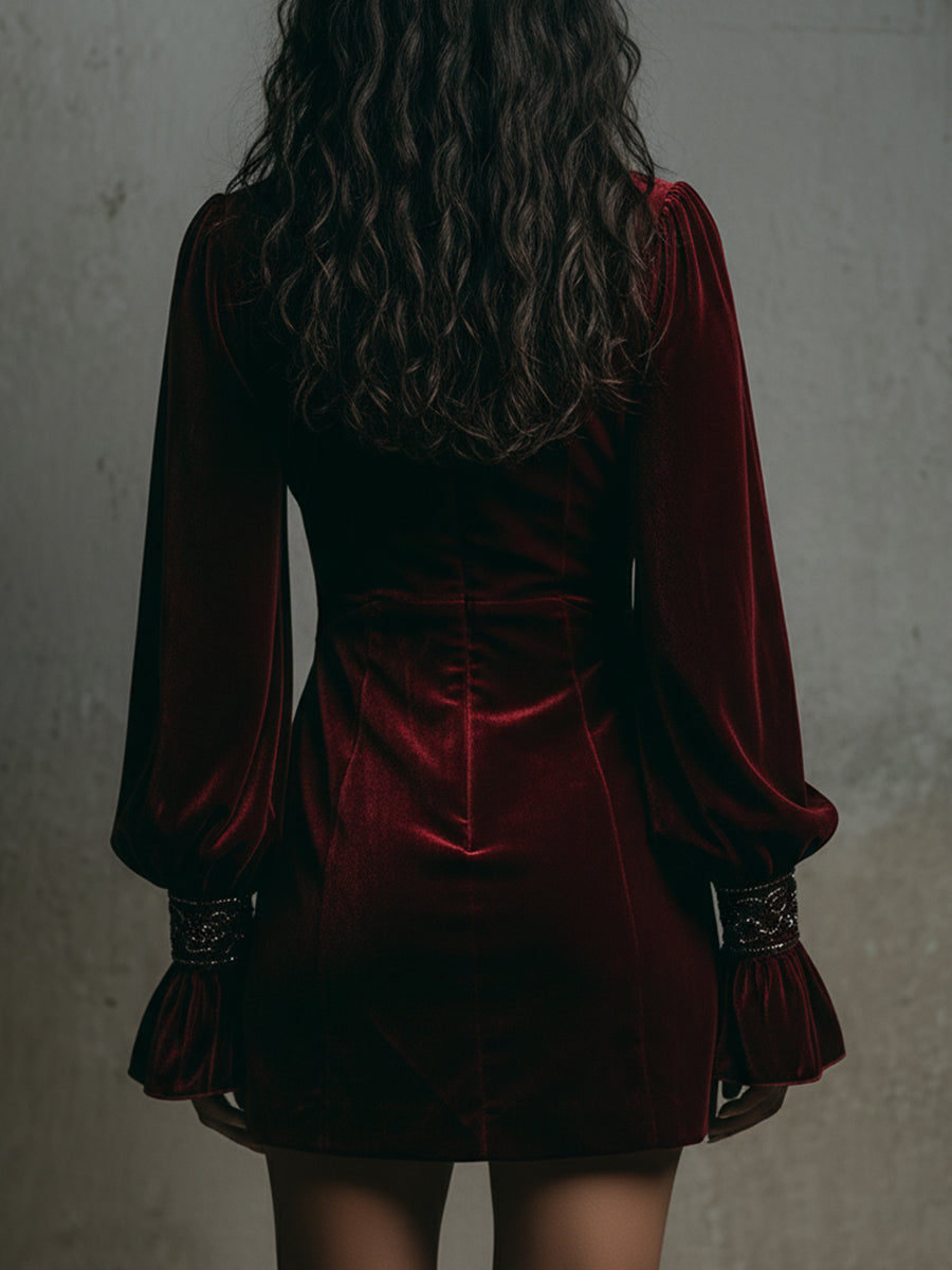 Quiet Luxury Embroidered Keyhole Collar Polyester Velvet Mini Dress