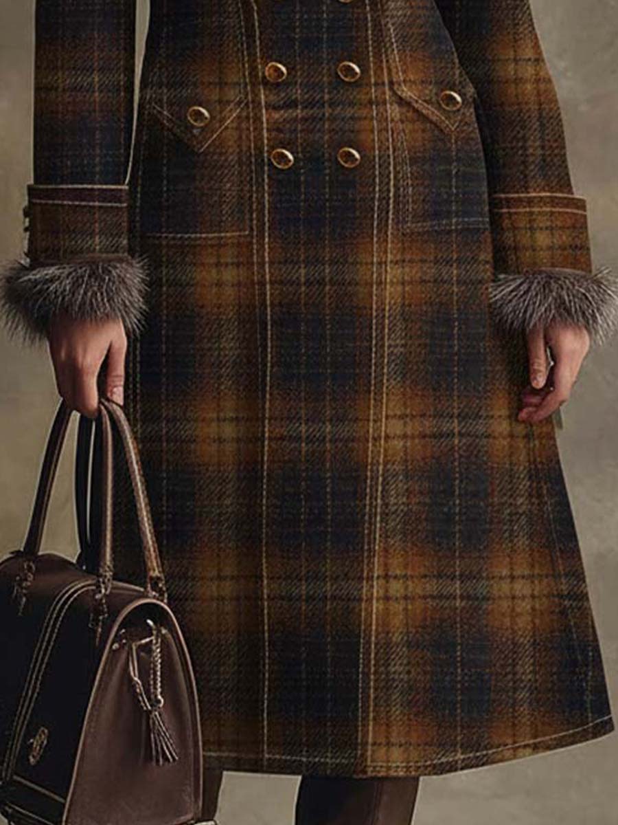 Vintage Plaid Wool-Blend Coat With Detachable Faux Fur Collar
