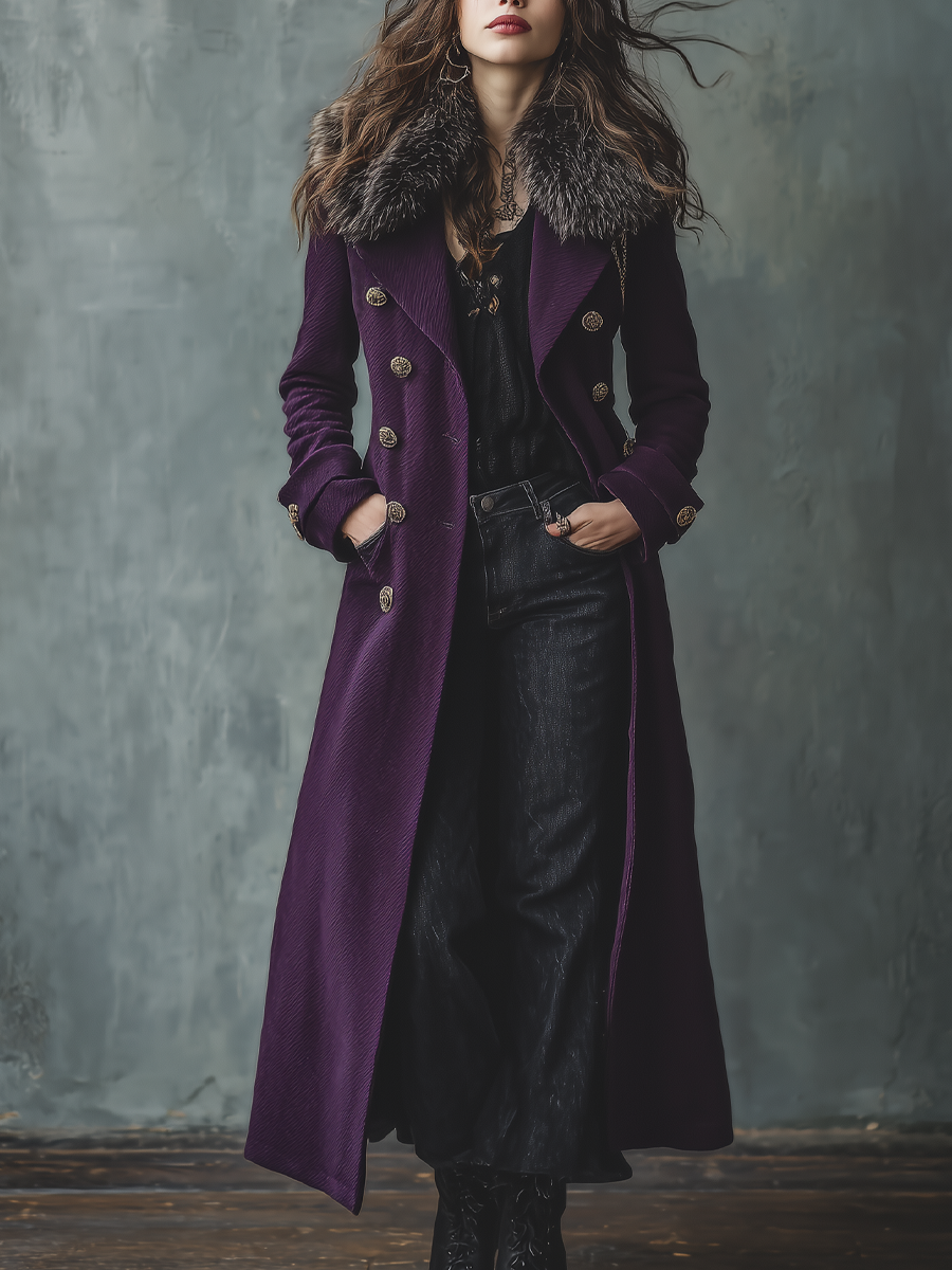 Vintage Faux Fur Collar Double-breasted Coat