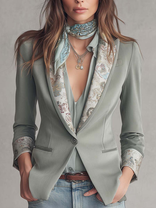 Satin-Trim Printed Lapel Tailored Blazer