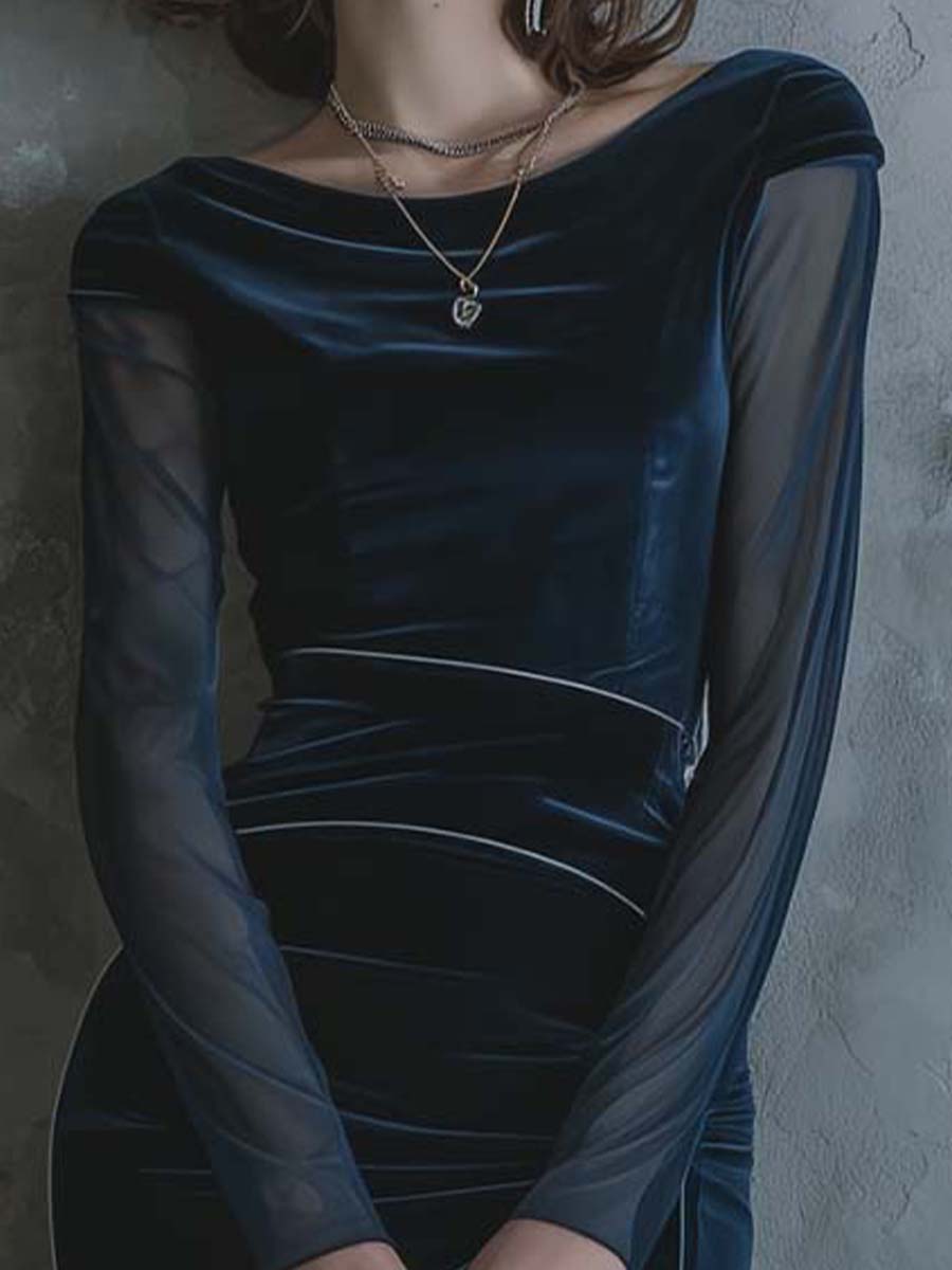 Deep Blue Velvet Bodycon Dress With Sheer Long Sleeves