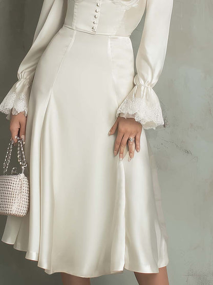 Vintage Lace Trim Polyester Satin Midi Dress