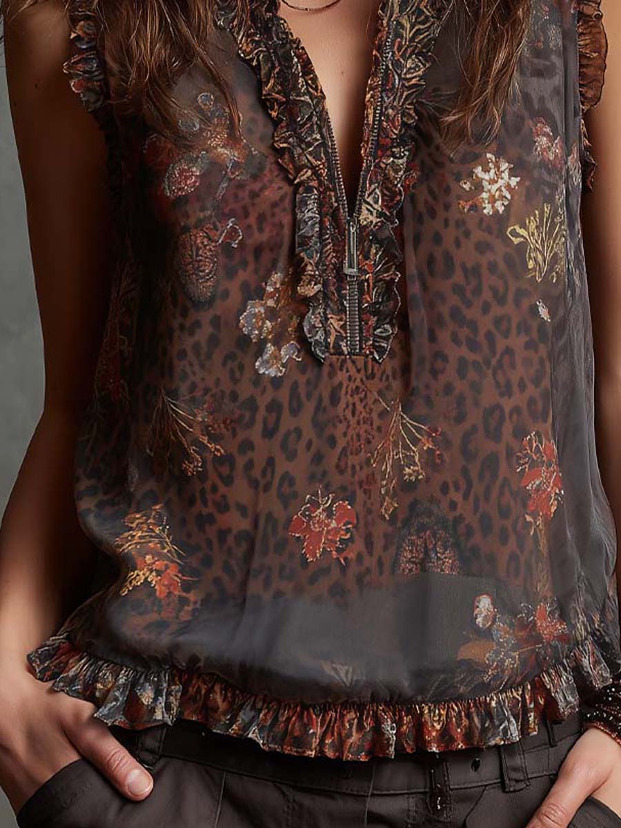 Boho Chiffon Sleeveless Leopard Floral Ruffle Top