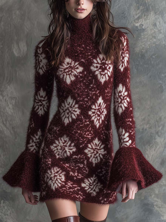 Burgundy Floral-Patterned Fuzzy Knit Sweater Dress