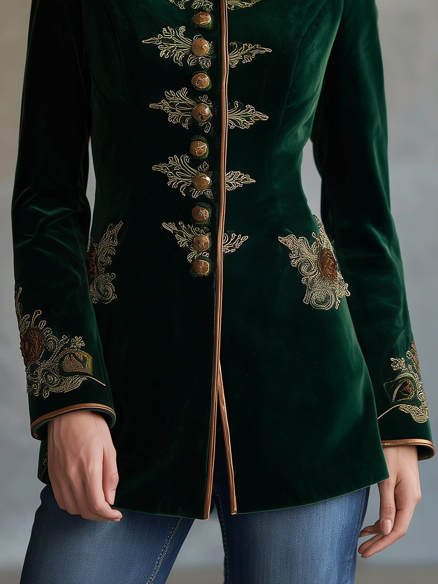 Vintage Green Velvet Mandarin Embroidered Collar Jacket