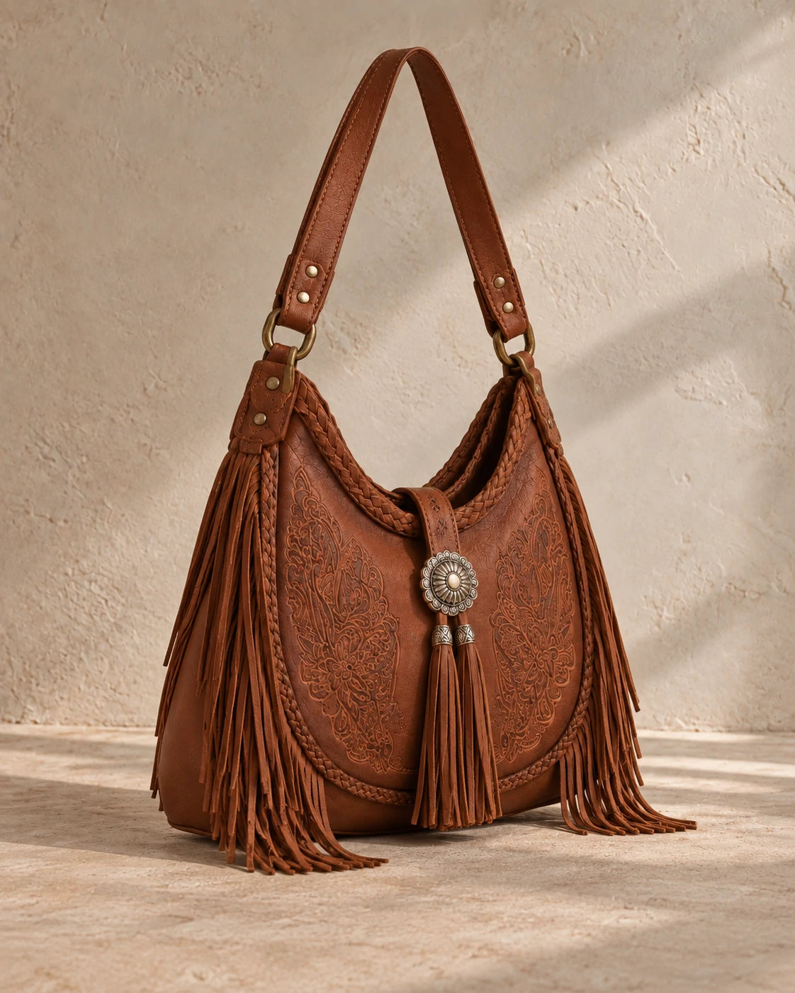 Boho Fringe Embossed Hobo Bag - front view with concho detail