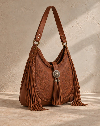 Boho Fringe Embossed Hobo Bag - front view with concho detail