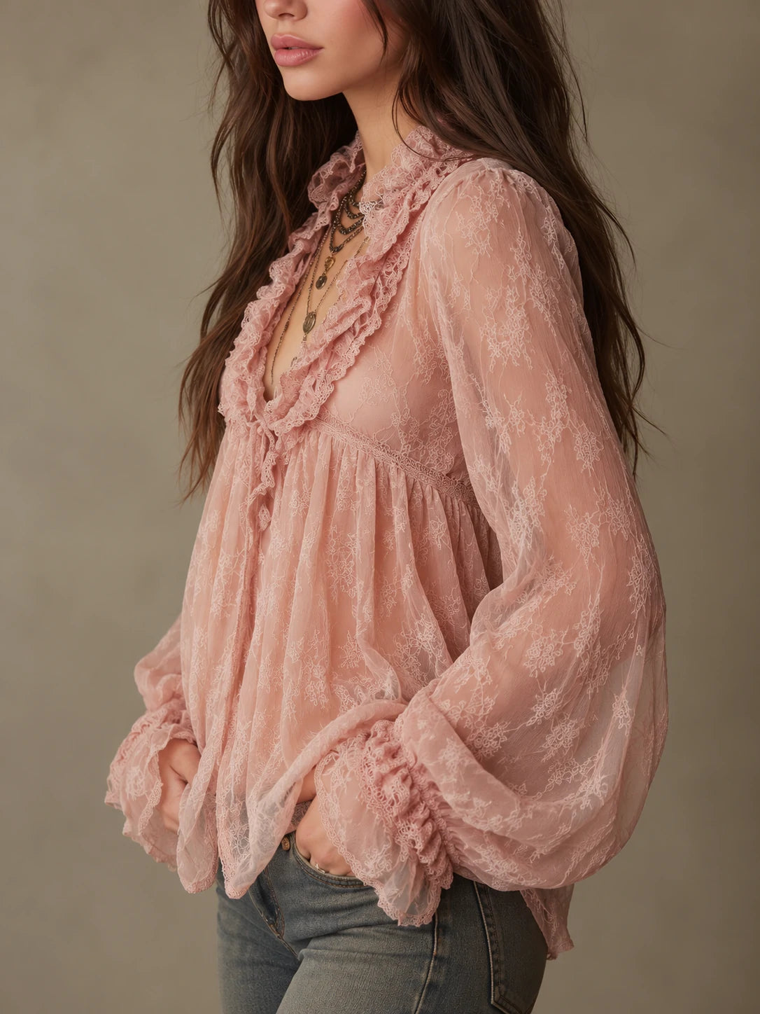 Romantic Blush Boho Sheer Ruffle Blouse