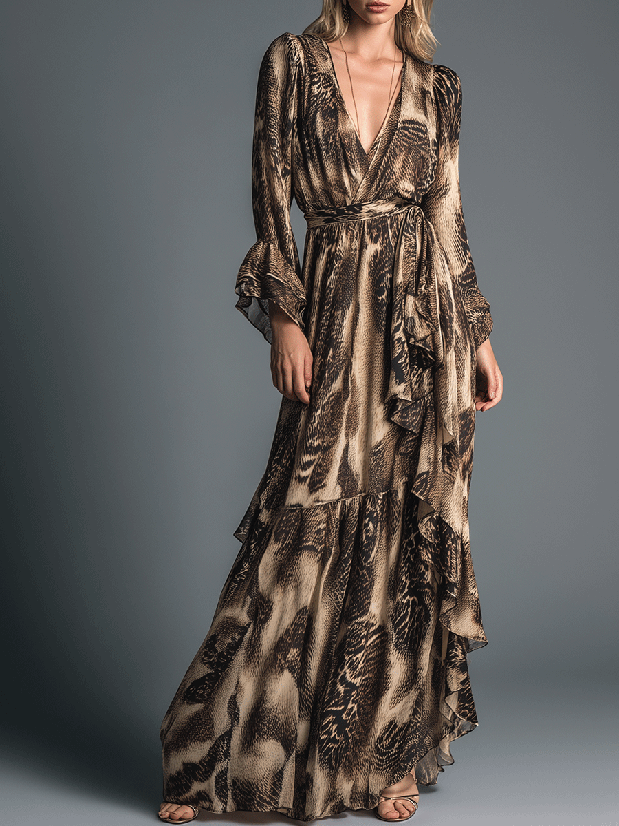Elegant Printed Chiffon Ruffle Details Maxi Dress