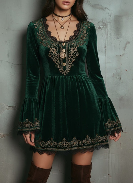 Emerald Velvet Embroidered Mini Dress
