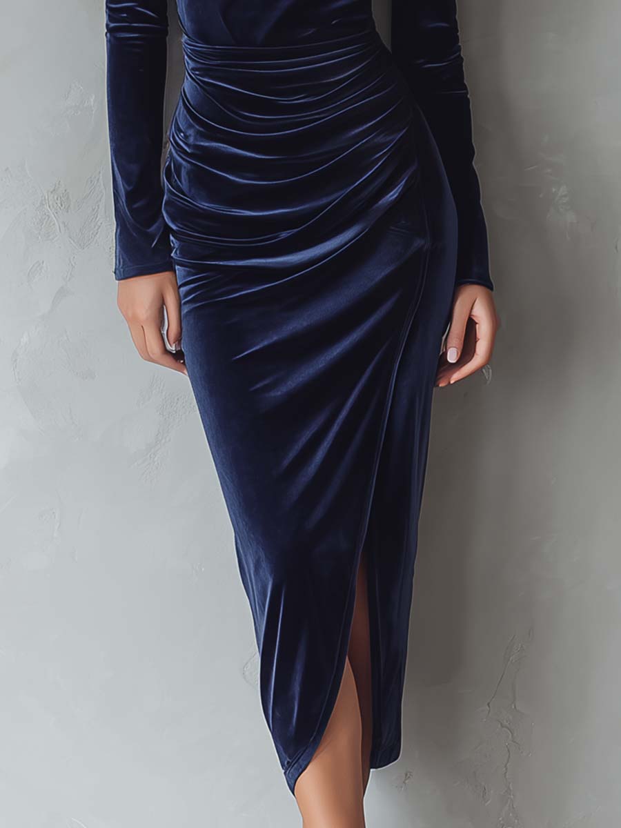 Polyester Velvet Draped Cowl-Neck Midi Dress With Ruched Waist