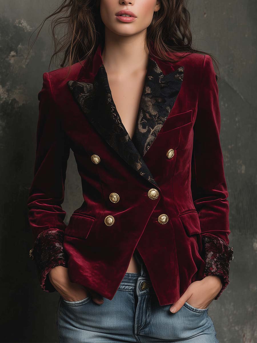 Burgundy Velvet Blazer With Printed Lapel And Cuffs