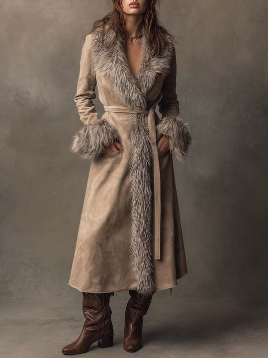 Toffee Cream Eco-friendly Suede Long Coat With Faux Fur Trim And Belt