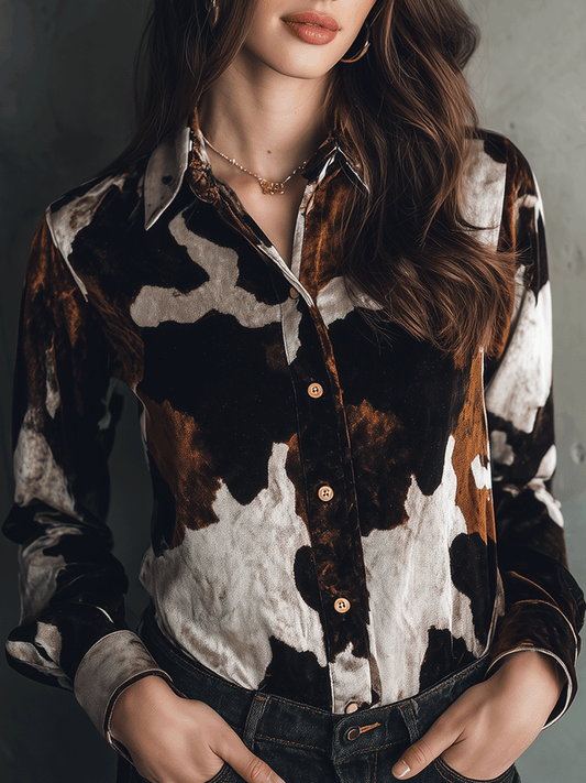 Luxe Texture Velvet Cow Print Button-Up Shirt
