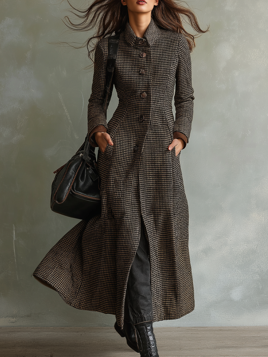 Retro Houndstooth Tweed Midi Dress