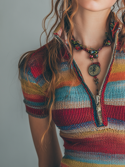 Retro Zipper Collar Colorful Striped Short Sleeve Knitted Blouse