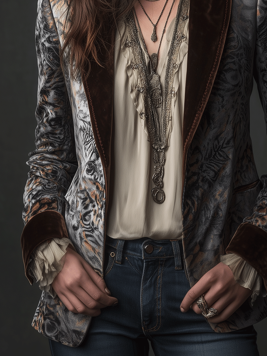 Vintage Silver Baroque Velvet Brown Lapel Blazer