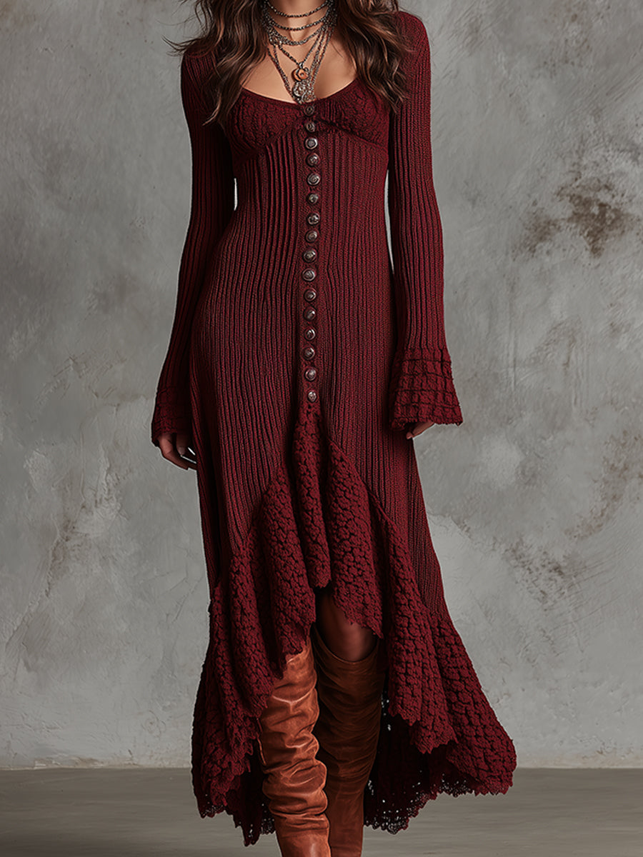 Vintage Luxe Lace-Edge Textured Knit Maxi Dress