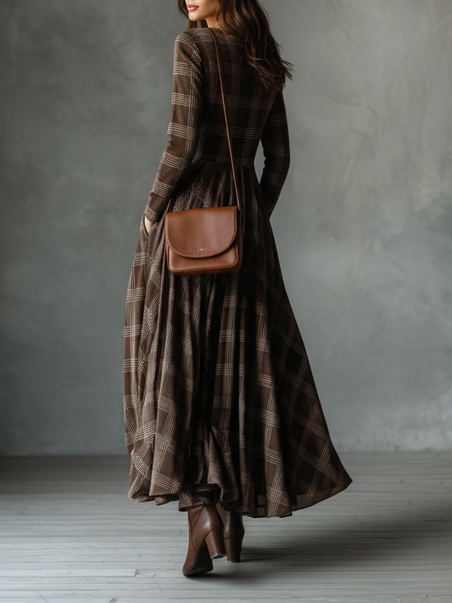Bohemian Round Neck Plaid Brushed Material Maxi Dress