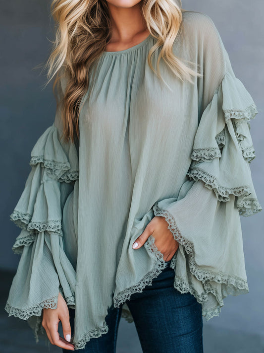 Boho Sage Green Crinkle Chiffon Tunic Top With Lace Ruffle Bell Sleeves