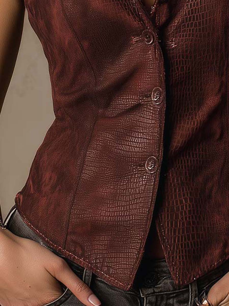 Burgundy Western Croc Embossed Faux Leather With Micro Suede Vest
