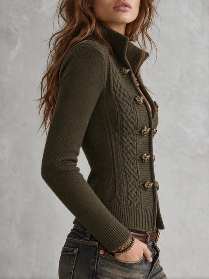 Retro Cable-knit Ribbed Mock-neck Slim-fit Cardigan