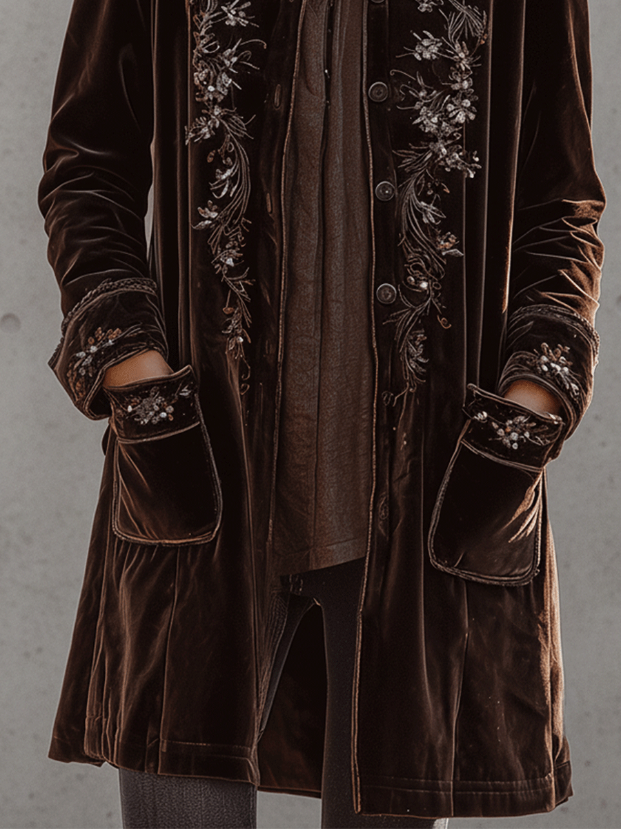 Vintage Chocolate Velvet Embroidered Long Coat