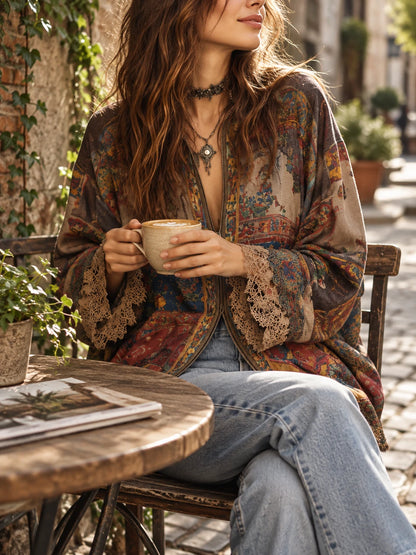 Bohemian-style Printed Blouse With A Front Zipper And Lace Trim