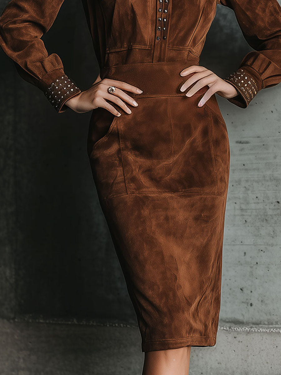 Western Brown Suede Studded Fitted Midi Dress Shirt Dress