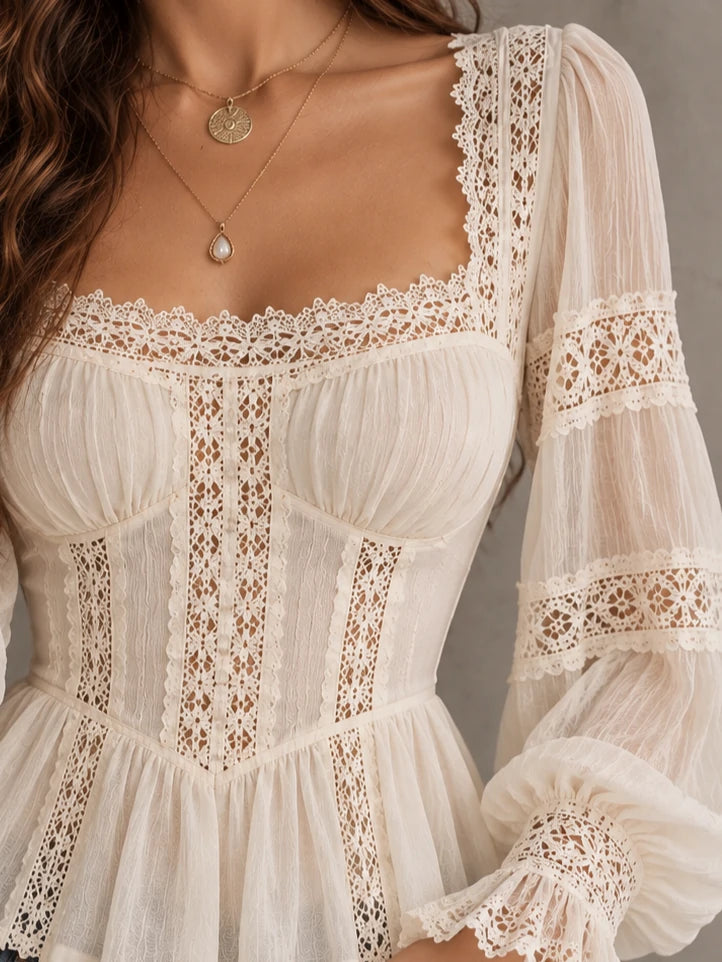 Square-Neck Lace-Panel Peplum Blouse