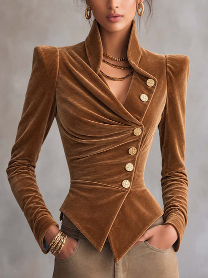 Caramel Brown Velvet Structured-Shoulder Jacket with Asymmetrical Button Front