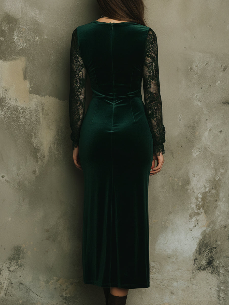 Quiet Luxury Velvet Lace Splicing Tight Midi Dress