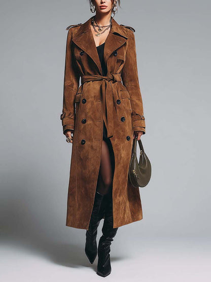 Vintage Deep Caramel Double-breasted Trench Coat With Button Epaulettes