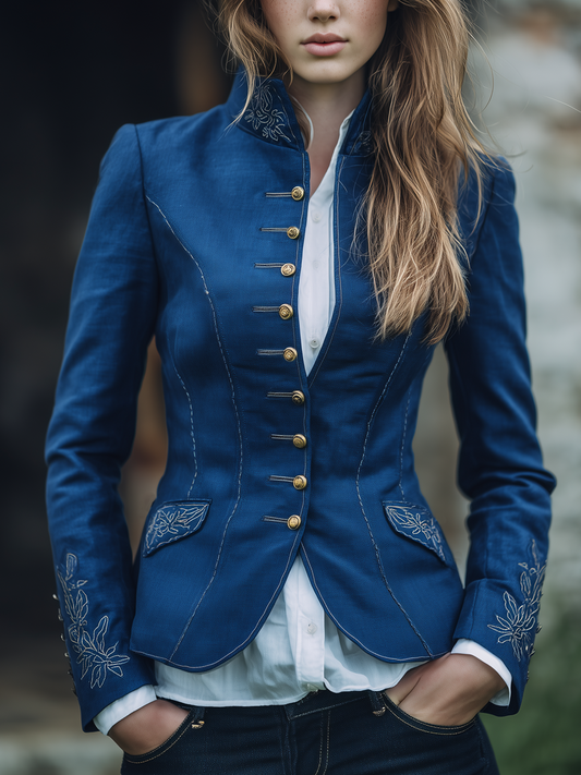 Vintage Embroidered Stand Collar Multi-Button Jacket