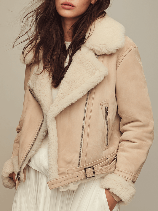 Warm Beige Eco-Suede Plush Sherpa Collar Jacket