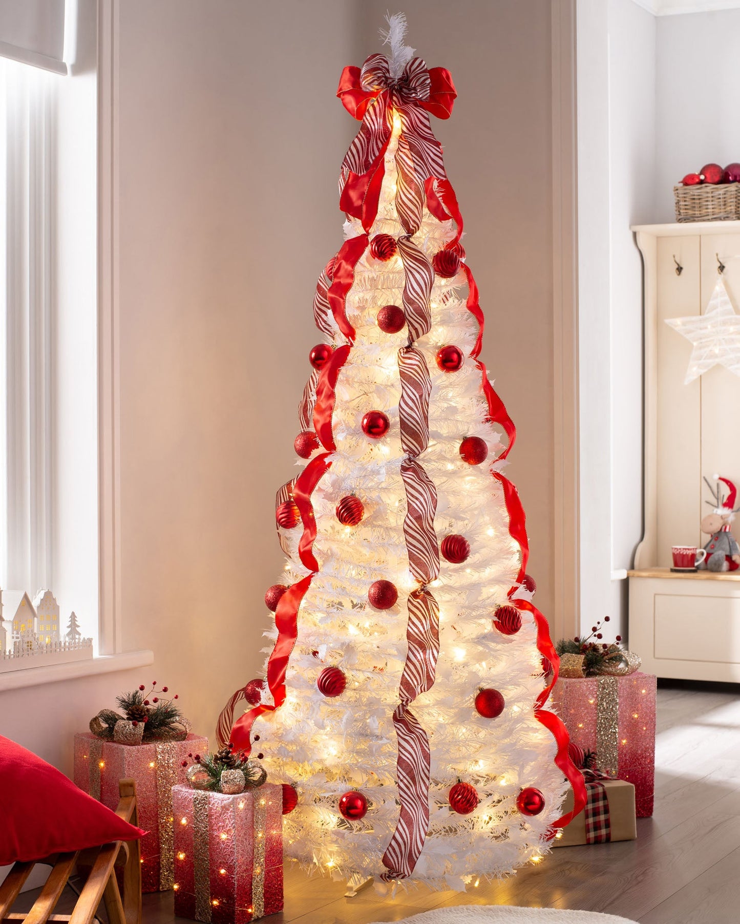 Pre-Lit Pop Up Decorated Christmas Tree with 200 Warm White LED Lights, 6 ft / 1.8 m