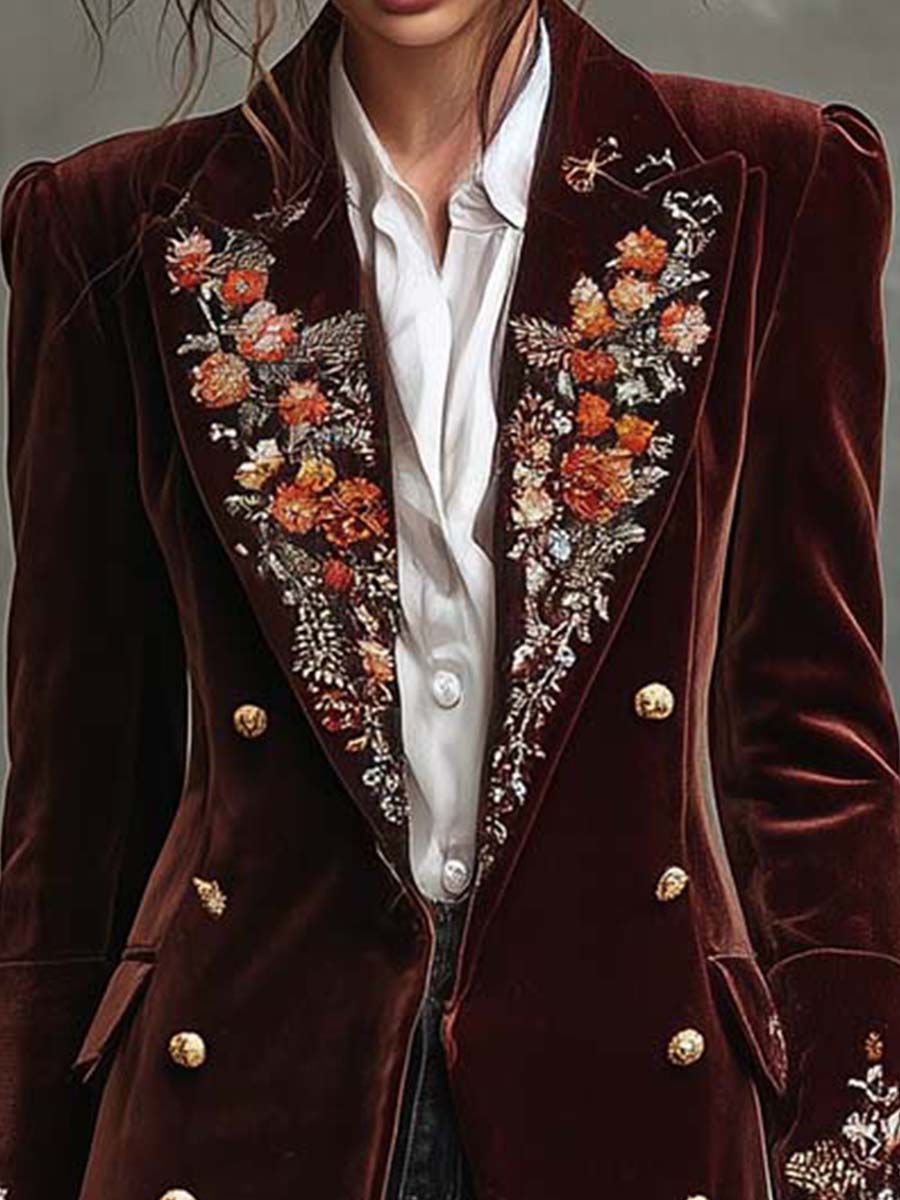 Wine Velvet Embroidered Long Coat With Gold Buttons