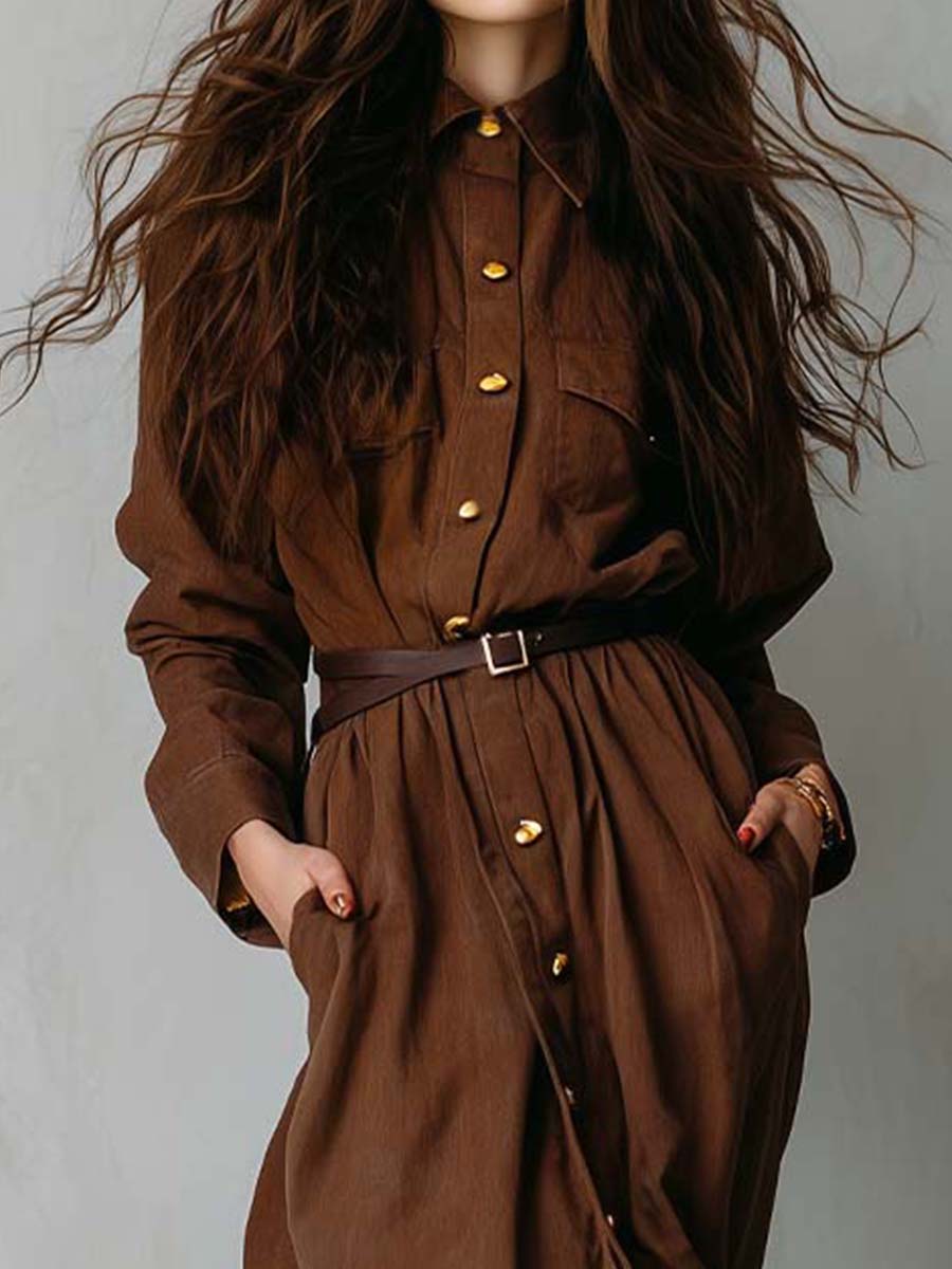 Vintage Casual Cotton Reddish Brown Long Workwear Lapel Dress