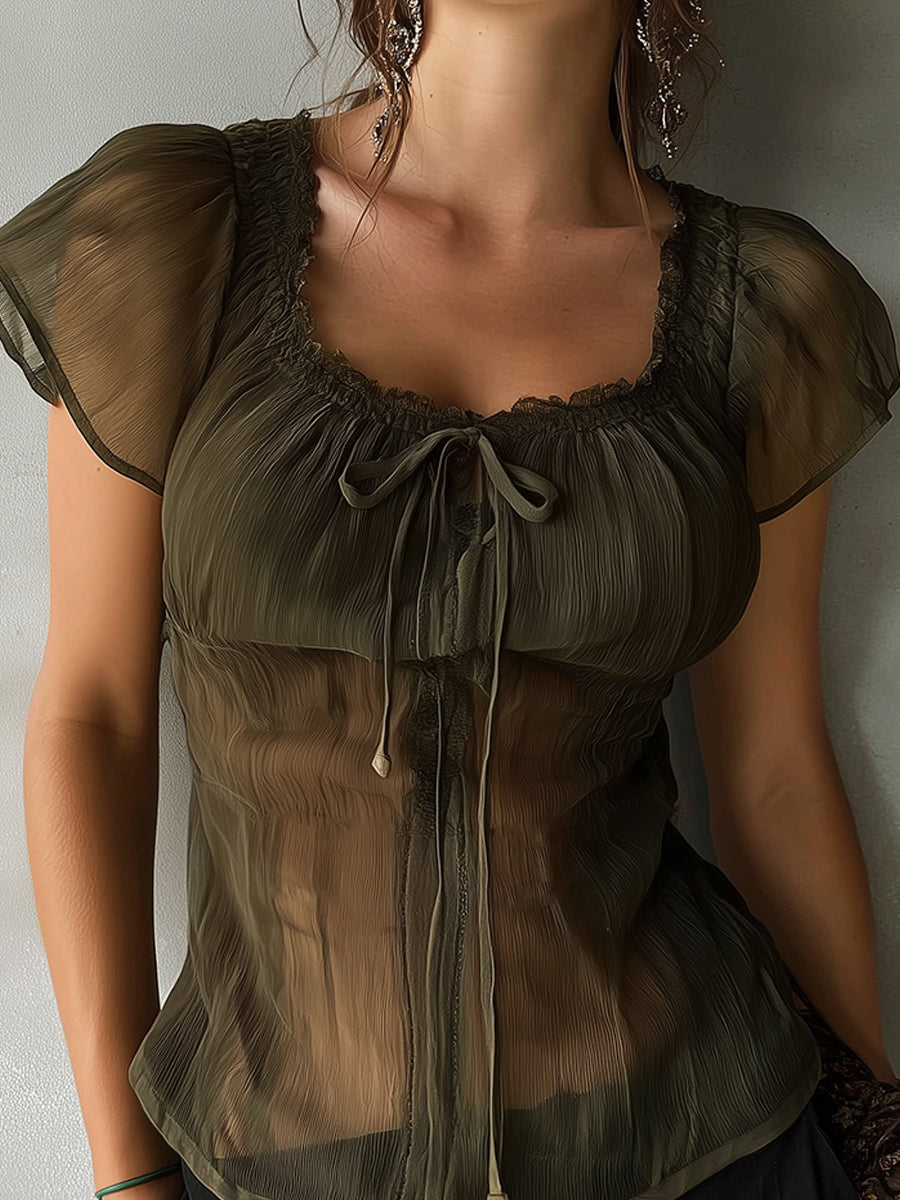 Retro Tie Neckline Pleated Chiffon Blouse