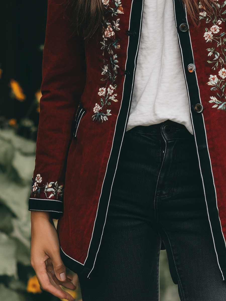 Vintage Contrasting Trim Embroidered Velvet Jacket